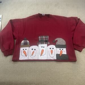 Vintage Red Cropped Christmas Sweatshirt. Snowman Handmade. Large